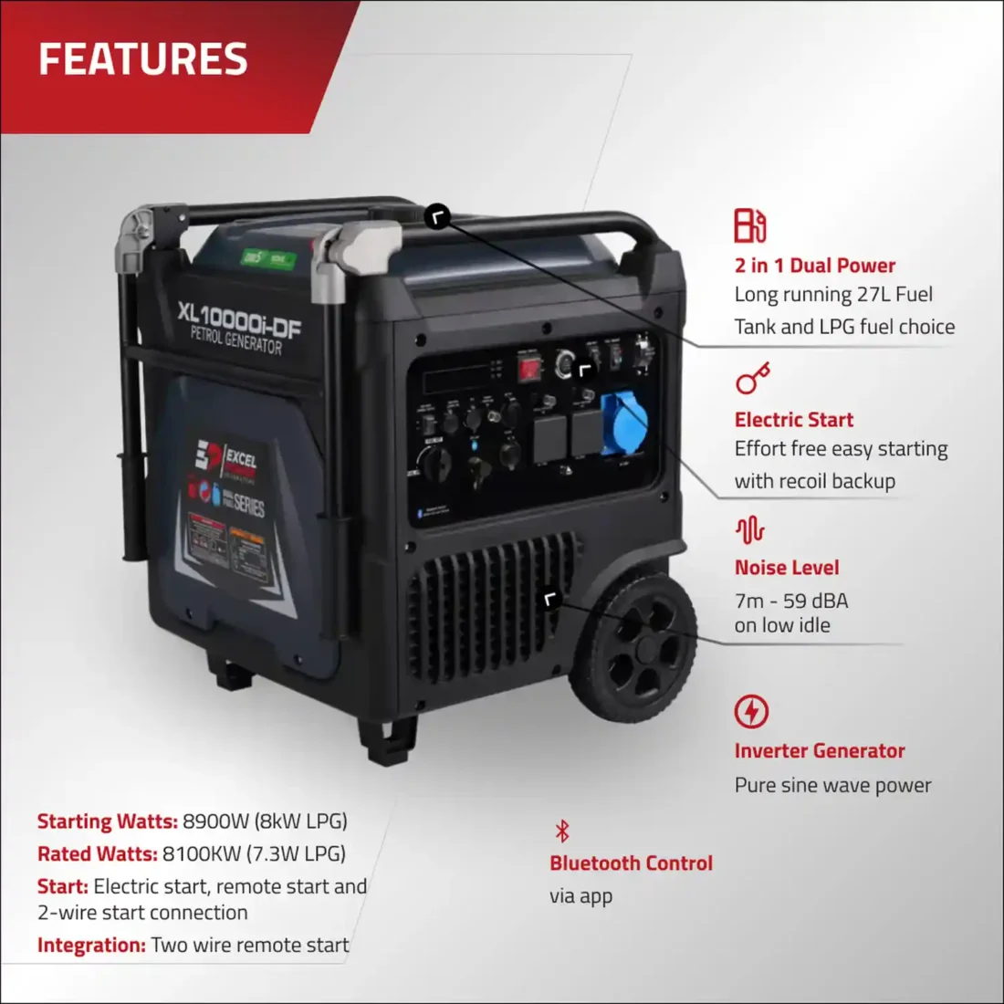 Excel Power XL10000i-DF 8.9kW Dual-Fuel Inverter Generator
