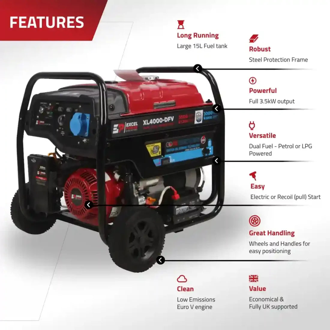Excel Power XL4000DFV 3.5kW Open Framed LPG Dual-Fuel Generator