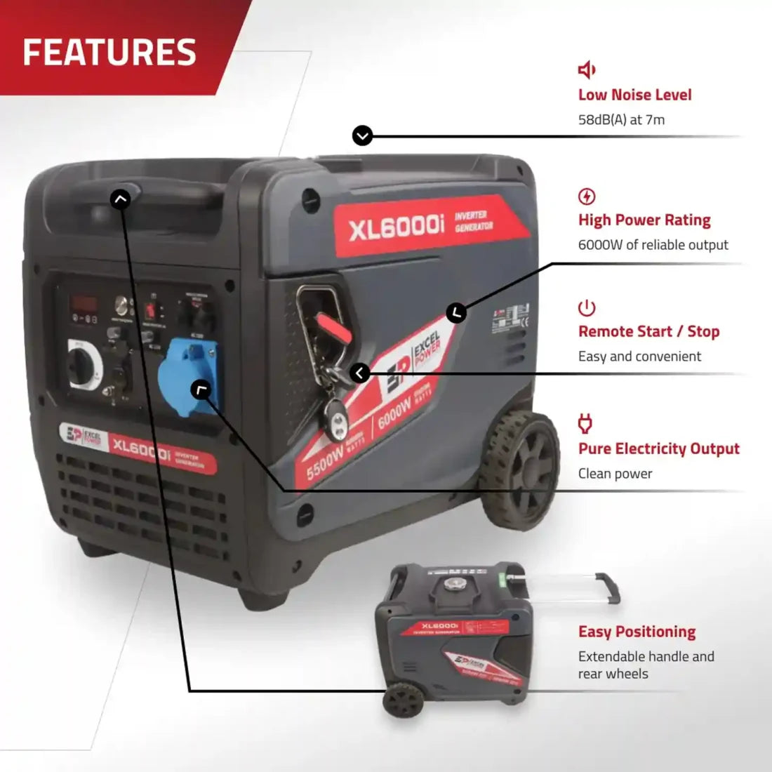 Excel Power XL6000i 6kW Petrol Inverter Generator