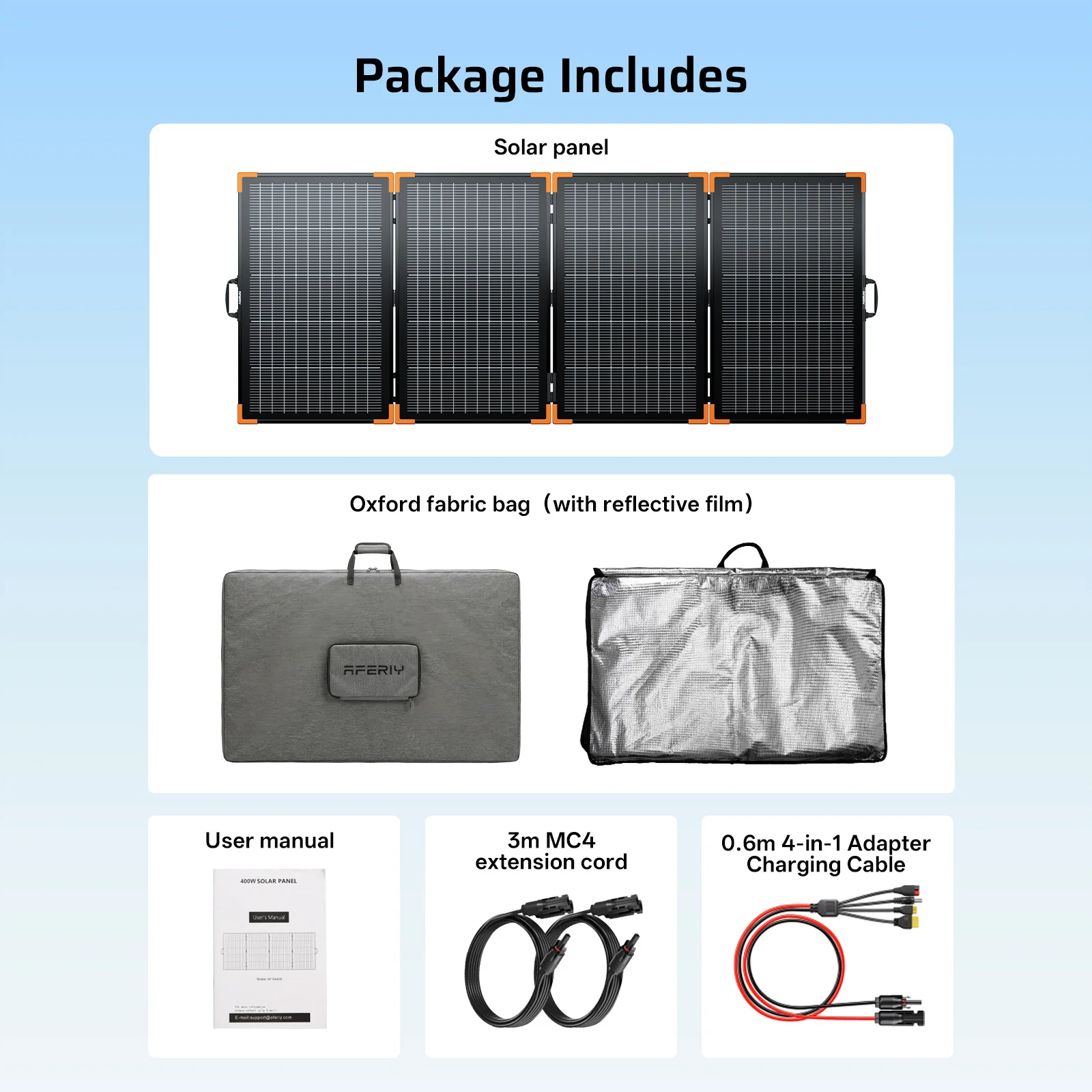AFERIY SA400 400W Bifacial Portable Solar Panel | 400W Foldable N-Type Solar Panel | Up to 500W Peak Output | 25% Efficient | IP67 Waterproof | MC4 Compatible
